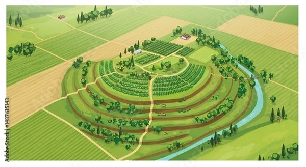 Fototapeta Aerial View of Terraced Farming Landscape with Green Fields and River