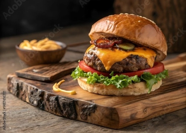 Fototapeta Juicy Cheeseburger with Lettuce, Tomato, Pickles, and Melted Cheese on Rustic Wooden Board