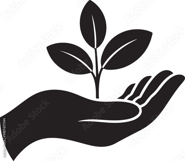 Fototapeta Nurturing Growth A hand cradles a young plant, symbolizing care, sustainability, and the growth of ideas, ideal for illustrating environmental concepts.