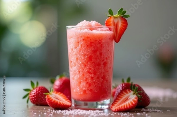 Fototapeta A refreshing strawberry smoothie with a fresh strawberry on top