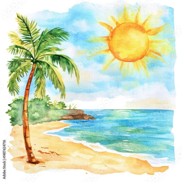 Obraz Beach with palm and sun on transparent background