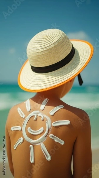 Fototapeta Child playing at beach with sun hat and smiley sun on back