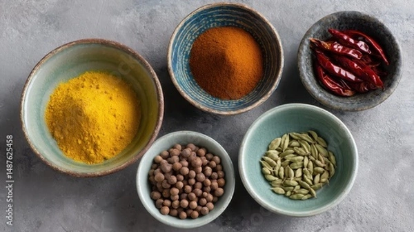 Obraz Colorful Spice Collection in Rustic Bowls on Gray Background