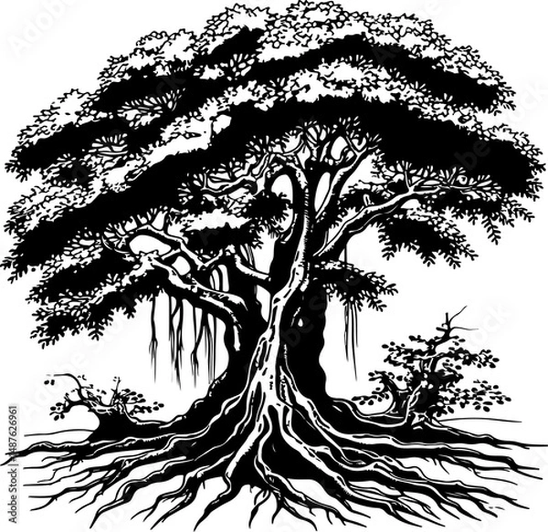 Obraz Black silhouette vector illustration of a tree with detailed roots, a drawing representing nature and the forest