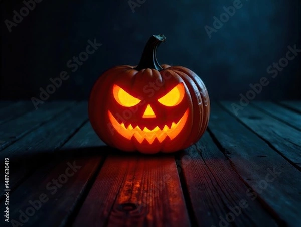 Fototapeta Scary jack-o-lantern glowing ominously on weathered planks at night, dark background  ,  spooky,  scary