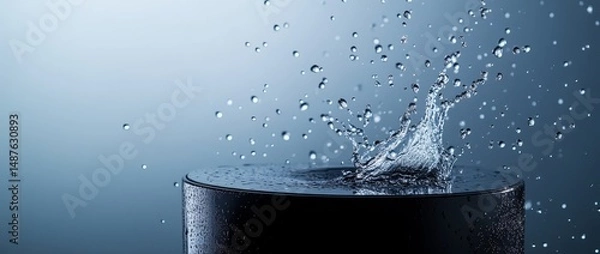 Fototapeta Water splashes dramatically around a circular platform against a textured blue background in a creative studio setting