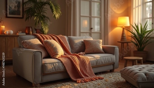 Fototapeta Living Room Sofa with Cushions and Blanket