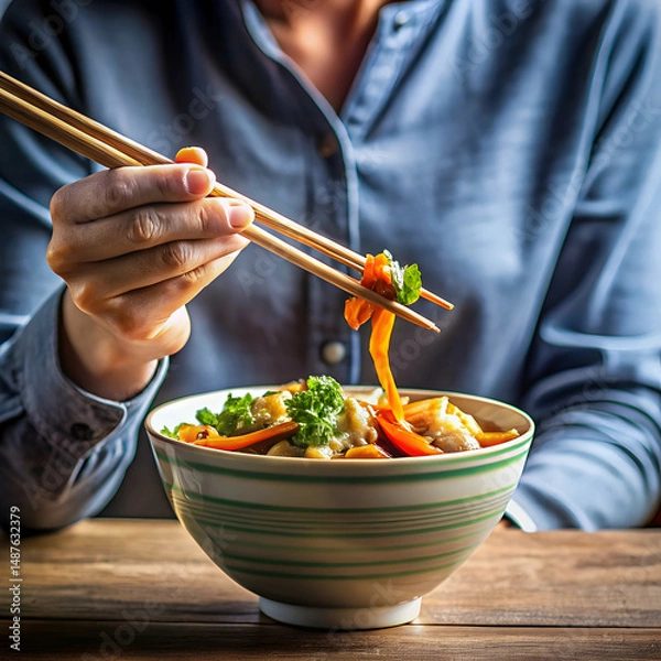 Fototapeta Close up on hand eating food with chopsticks authentic Asian dining