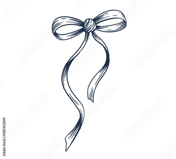 Fototapeta Elegant long thin bow in hand-drawn vintage sketch style. Monochrome ribbon design isolated on white background