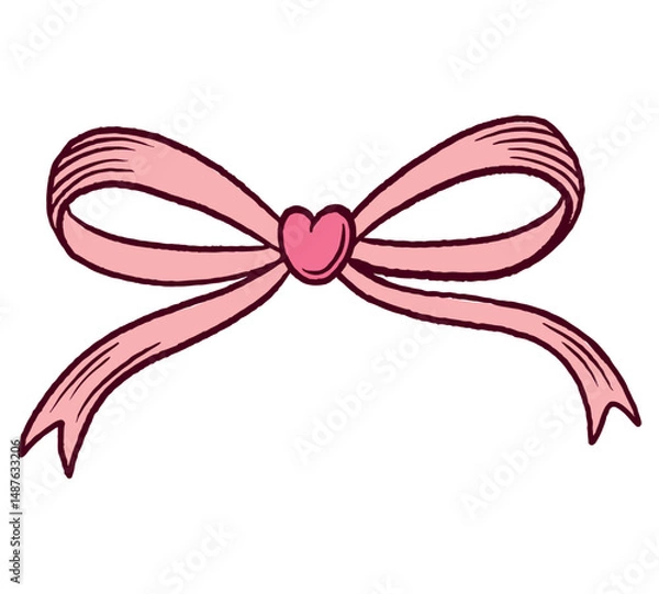 Fototapeta Hand-drawn pink bow with heart center in cute cartoon style, soft pastel illustration for decoration, isolated on white background