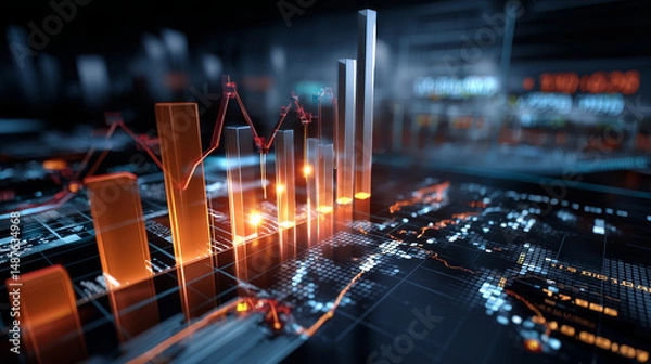 Fototapeta Digital 3D Stock Market Analysis with Growth Charts and Financial Investment Data.