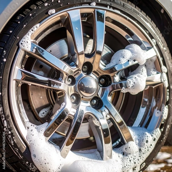 Obraz Close-up of shiny car wheel with soap suds