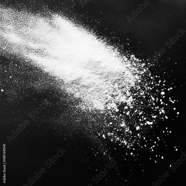 Fototapeta **Fine White Powder Texture Resembling Baking Flour Or Talcum Powder, Lightly Scattered Across A Dark Surface. Captured With Top-Down Studio Lighting, Ideal For Culinary Backgrounds Or Product Visuals
