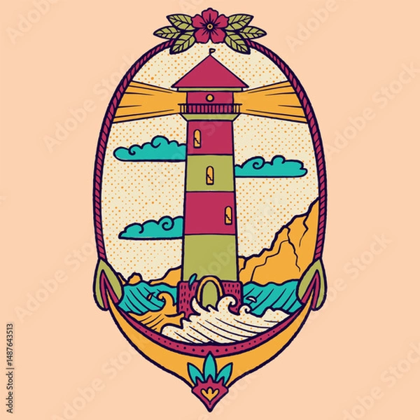 Fototapeta Colorful lighthouse illustration with waves, clouds and floral frame in retro handdrawn style, isoleted on white background