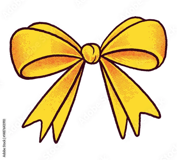 Fototapeta Bright yellow bow with red shading in playful cartoon style, hand-drawn textured illustration isolated on white background