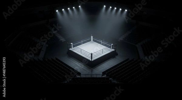 Fototapeta aerial view of an empty boxing ring under spotlights in a dark room surrounded by spectator seats
