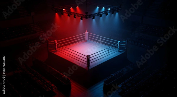 Fototapeta aerial view of an empty boxing ring blue and red color light team