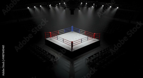 Fototapeta aerial view of an empty boxing ring under spotlights in a dark room surrounded by spectator seats