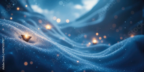 Fototapeta Hanukkah Glow A contemplative, abstract background unfolds in deep blues and pristine whites, interlaced with subtle silver and gold accents that evoke
