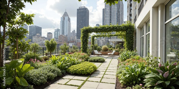 Fototapeta Green rooftop garden on office building, urban sustainability in action. Emphasizes benefits of urban agriculture. Background includes cityscape and skyscrapers, showcasing integration