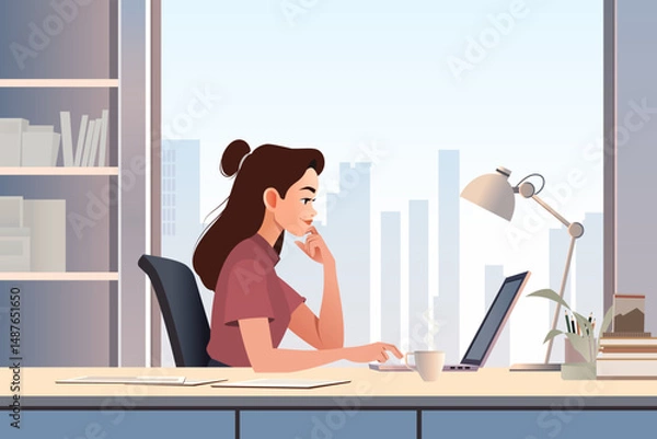 Fototapeta "Female Digital Nomad in Coworking Space – Remote Work Collaboration Flat Vector Illustration"