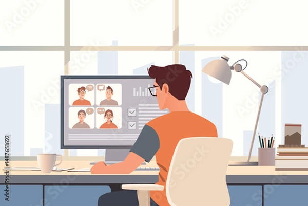 Fototapeta Digital Nomad Working Remotely in Coworking Space with City Skyline
