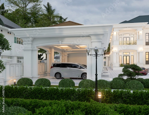 Fototapeta 3d rendering of neoclassical villa, exterior design with Landscaped Grounds