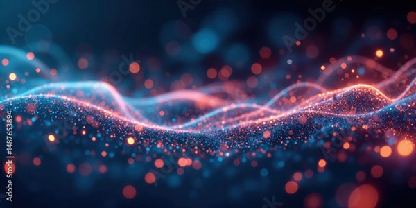 Fototapeta Glowing Data Particles - A futuristic visualization of data particles flowing through an abstract digital space. The tiny, luminescent dots