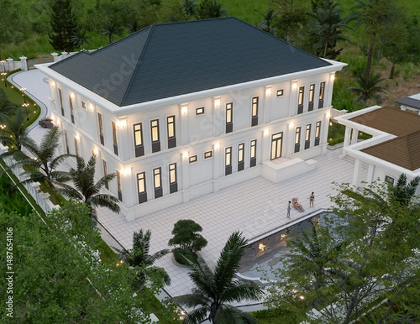 Fototapeta 3d rendering of neoclassical villa, exterior design with Landscaped Grounds