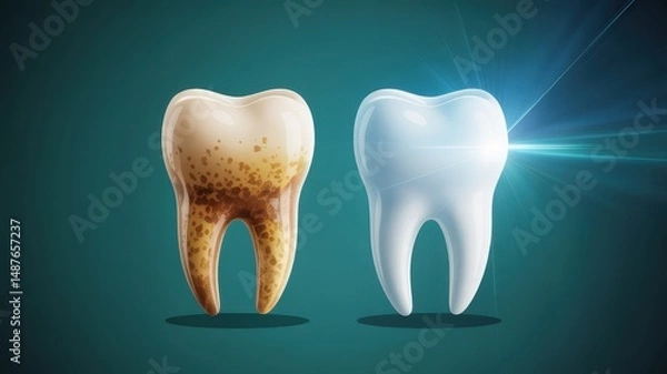 Obraz Educational graphic comparing healthy tooth and decayed tooth on dark backdrop