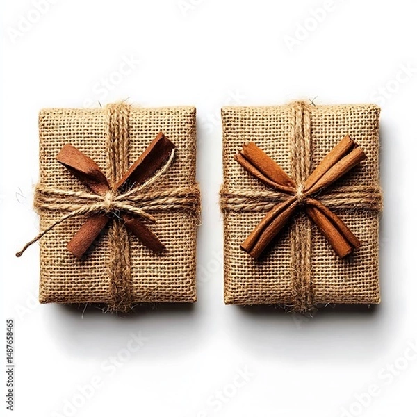 Fototapeta Two handcrafted burlap gift boxes decorated with cinnamon sticks presented on a white background.