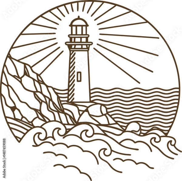 Obraz Lighthouse and waves illustration, coastal beacon by the sea, nautical maritime scene
