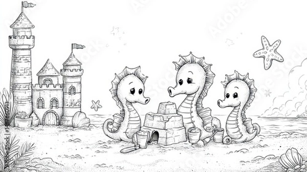 Obraz Cute seahorses playing near a castle on a beach.