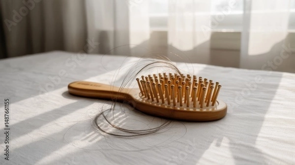 Fototapeta Vintage wooden brush on desk with light from window and soft bristle lines