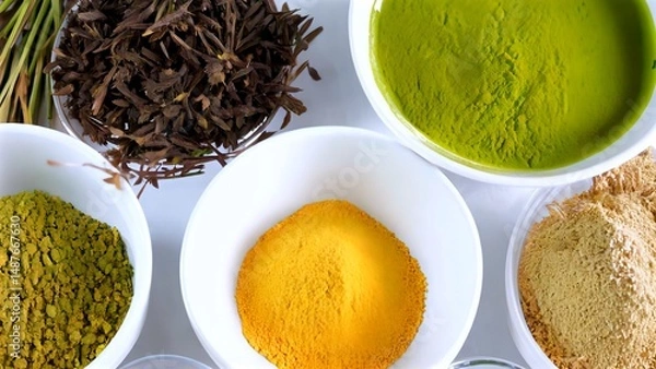Fototapeta Natural plant based dyes in colorful bowls, displaying organic pigment spectrum for sustainable textile coloring and artisan fabric crafting techniques