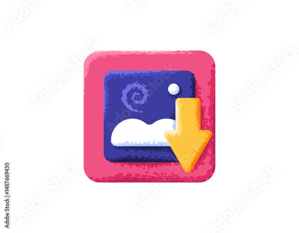 Fototapeta image downloader concept. image file download. media, services, support, and technology. illustration of a photo symbol with a down arrow. symbol or icon. flat style design with texture grain