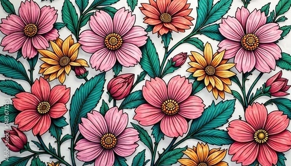Obraz Intricate line art blooming flowers, geometric floral repeat, pattern, repeat