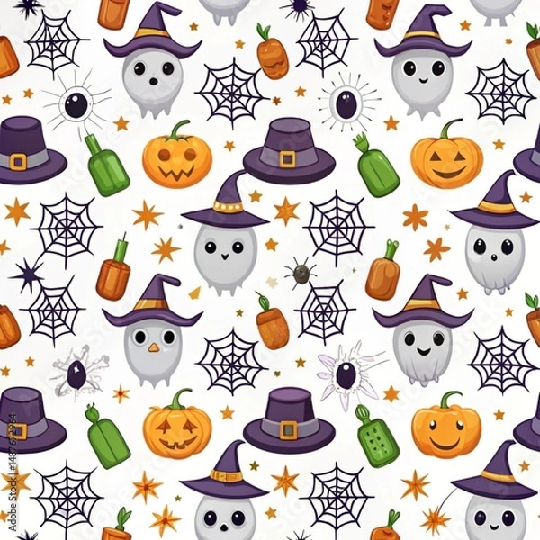 Fototapeta Cute Halloween pattern with ghosts, pumpkins, hats, and spiderwebs