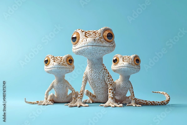Fototapeta Three cartoonish geckos with large eyes posing against a light blue background, showcasing their playful nature