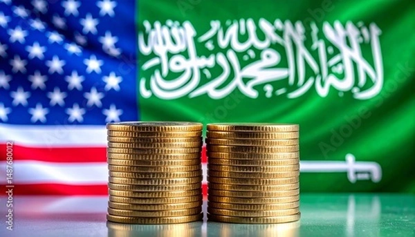 Fototapeta coins in front of American and Saudi flag