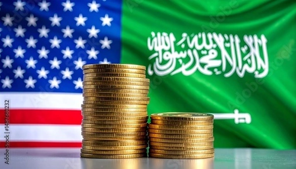 Fototapeta coins in front of American and Saudi flag