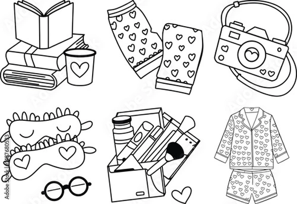 Fototapeta Hand-drawn vector illustration set features doodle sketches of fashion, objects, business, school, and home elements