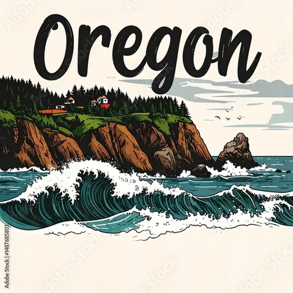 Fototapeta Vintage illustration of oregon coast with rocky cliffs and ocean waves
