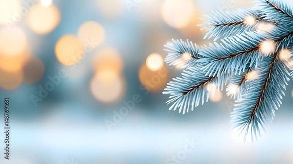 Obraz Winter snowy pine Christmas tree scenery Fir branches adorned with hoar frost create a Wonderland The wintry season is approaching for the New Year Serene blurred snowflakes form a winter background