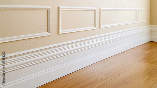 Fototapeta Interior wall with decorative trim and wood floor offers a clean, classic design. The white molding adds depth and visual interest to the room.
