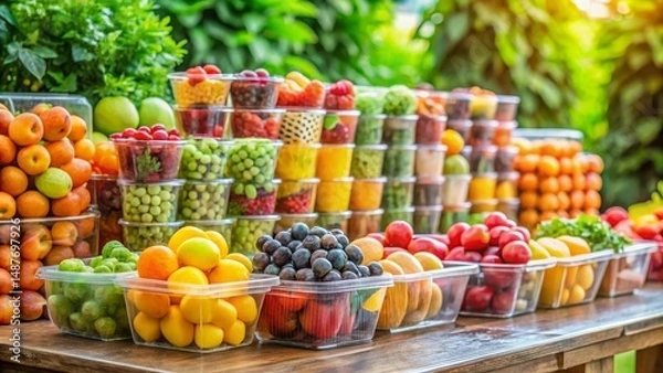 Fototapeta A vibrant display of fresh, healthy fruits in clear containers, arranged in neat stacks, showcasing a colorful assortment of nature's bounty on a rustic wooden table