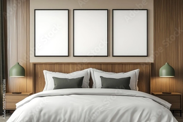 Fototapeta A serene and minimalist bedroom featuring a stylish bed with white linens and green accent pillows. framed blank artwork on the wall. and a lush indoor plant in the corner. creating a calming atmosphe