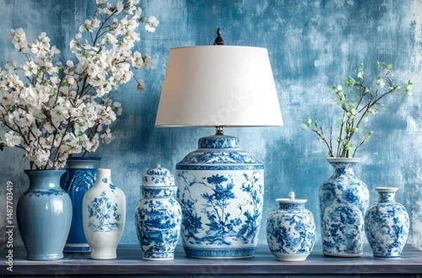 Fototapeta A vintage ceramic lamp placed on the table, which illuminates the living room in a calm atmosphere, enhances the beauty of the room. And a vase decorated with flowers, which enhances the beauty.