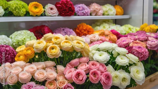 Obraz Beautiful fresh blossoming flowers (ranunculus, roses, hydrangea, lisianthus) at the florist shop shelves in the fridge