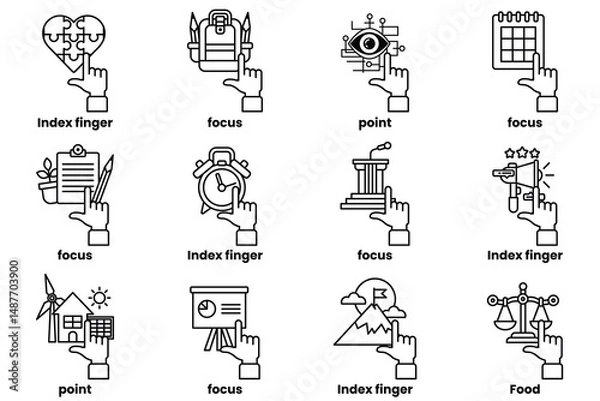 Fototapeta set of images of hands pointing at various things in a line drawing style